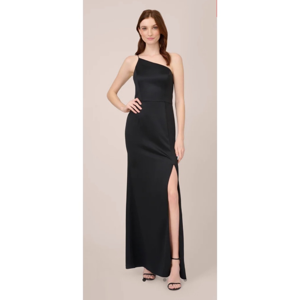 NEW (WITH TAGS) SATIN CREPE ONE-SHOULDER LONG GOWN IN BLACK